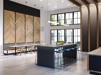 a rendering of a large kitchen with a long island with blue bar stools and tables at Leena Plantation, Plantation, 33322